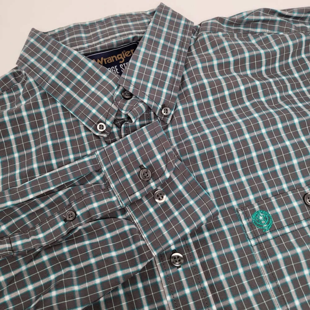 Wrangler George Strait Shirt Mens XXL Grey Teal Plaid Excellnt Western Button Up